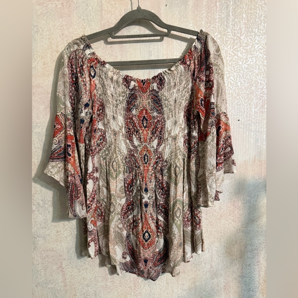 Vintage America Multicolor Paisley Off Or On The Shoulder Smocked Blouse, Sz Lg - Picture 2 of 10